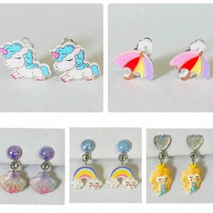 5 Pairs Kids Clip On Earrings Rainbow Unicorn Seashell Umbrella Mermaid
